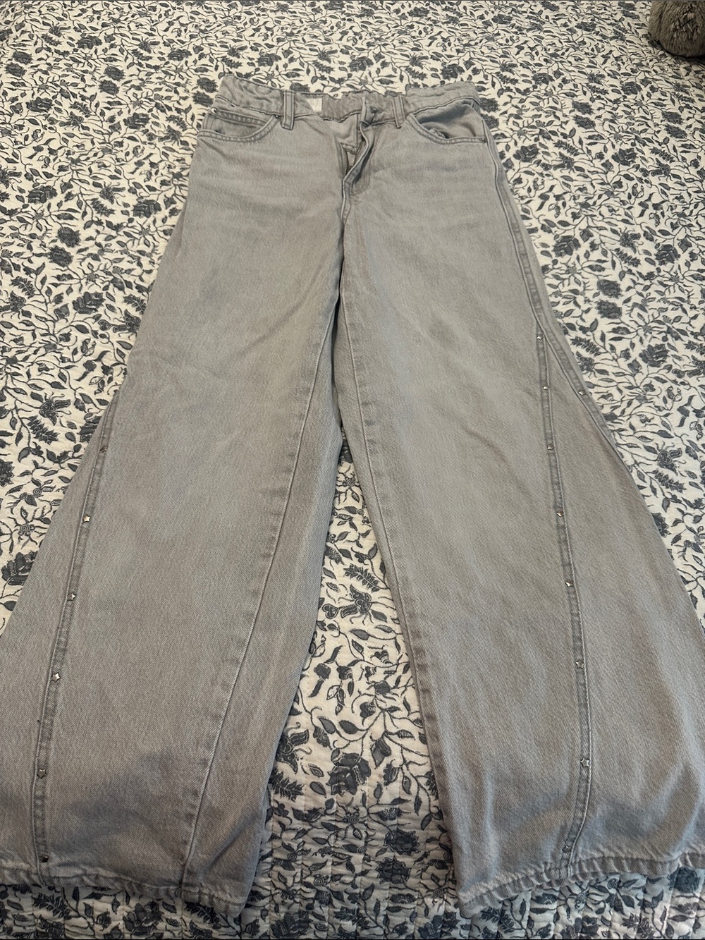 Wide Leg Gray girls Jeans with Side Stud Detail
